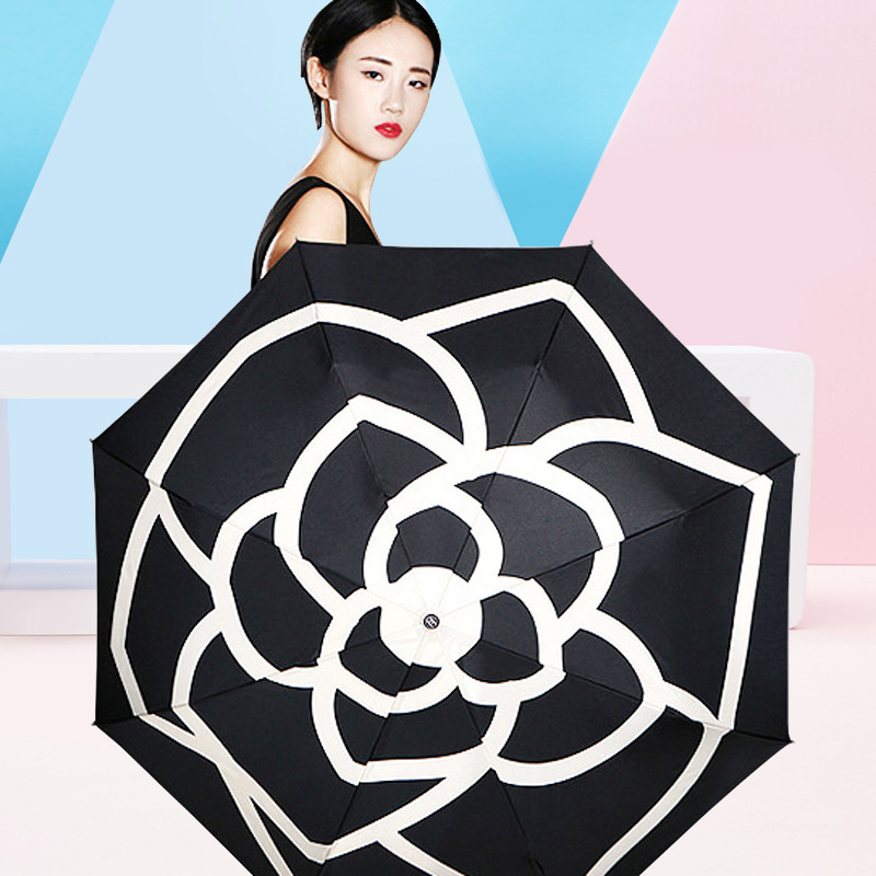 3 fold Ultra light double umbrella camellia fragrance wind folding sunny rain black umbrella small black umbrella