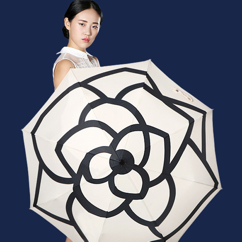 3 fold Ultra light double umbrella camellia fragrance wind folding sunny rain black umbrella small black umbrella