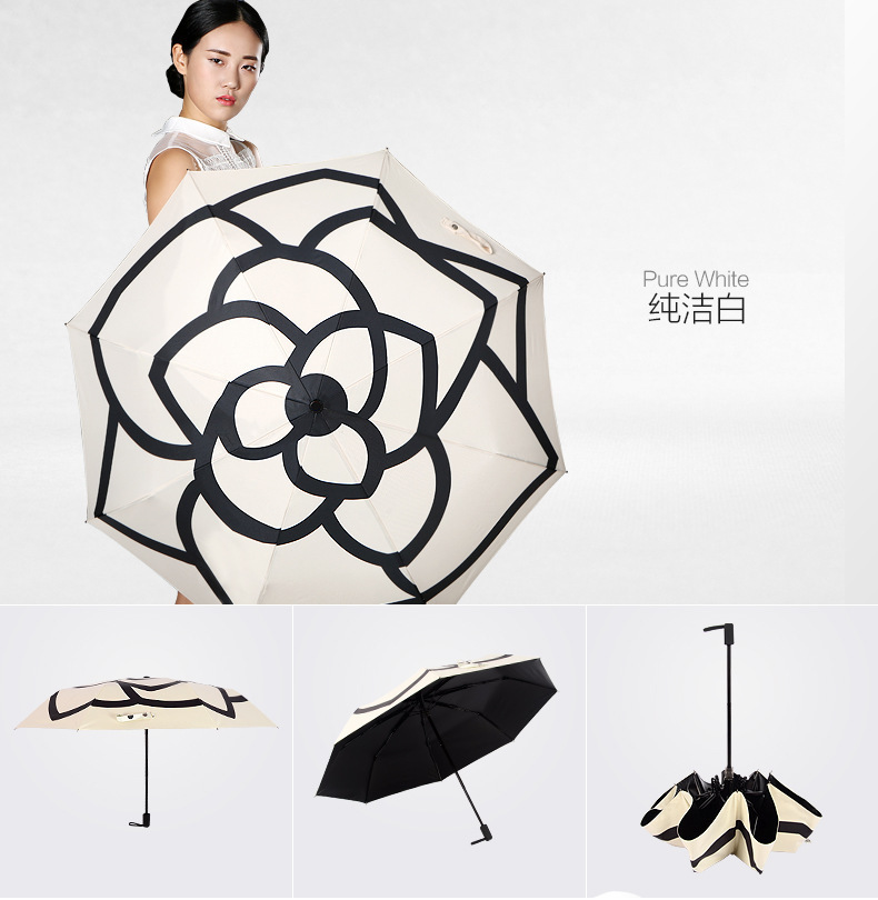 3 fold Ultra light double umbrella camellia fragrance wind folding sunny rain black umbrella small black umbrella