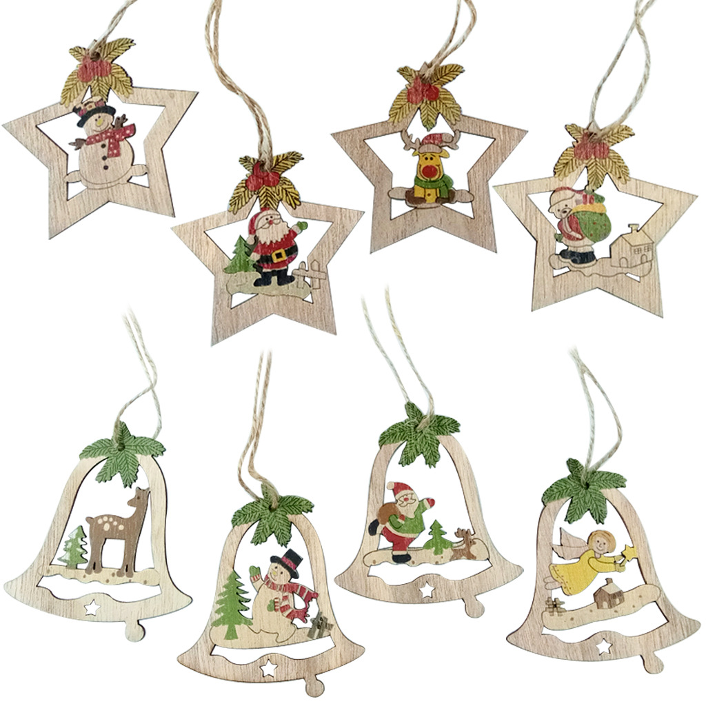 Wooden Christmas Five-Pointed Star Clock Hollow Old Snowman Deer Bear Christmas Tree Decorations Small Pendant Crafts