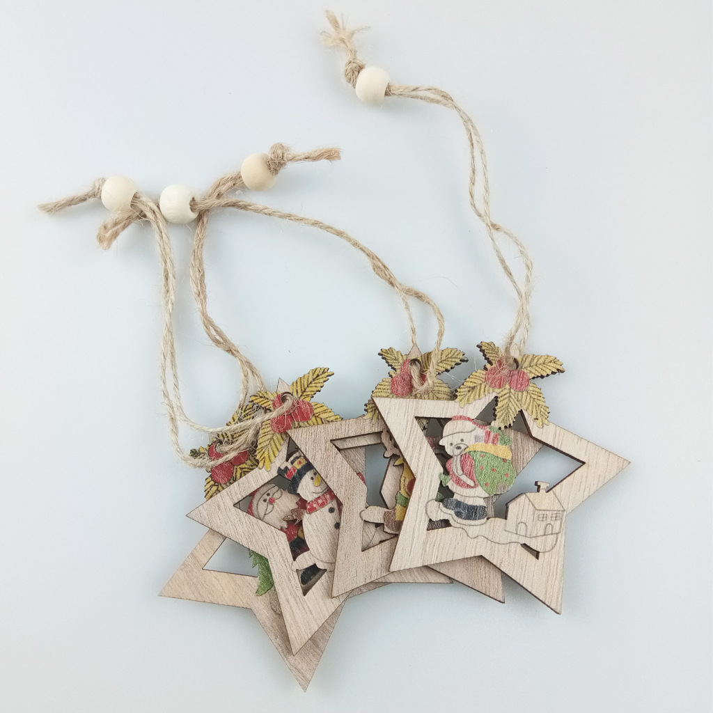Wooden Christmas Five-Pointed Star Clock Hollow Old Snowman Deer Bear Christmas Tree Decorations Small Pendant Crafts Wooden Christmas Five-Pointed Star Clock Hollow Old Snowman Deer Bear Christmas Tree Decorations Small Pendant Crafts