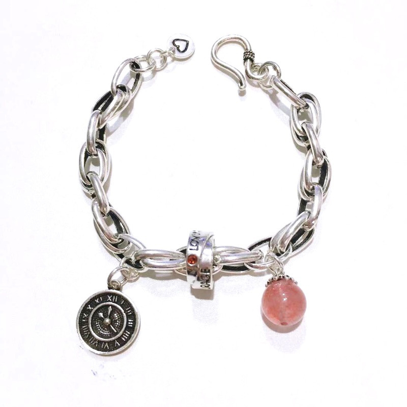 Heavy Industry 925 Sterling Silver Retro Strawberry Quartz Clock round Brand Women&#039;s Fashion Bracelet Ring Buckle Fashion Temperament