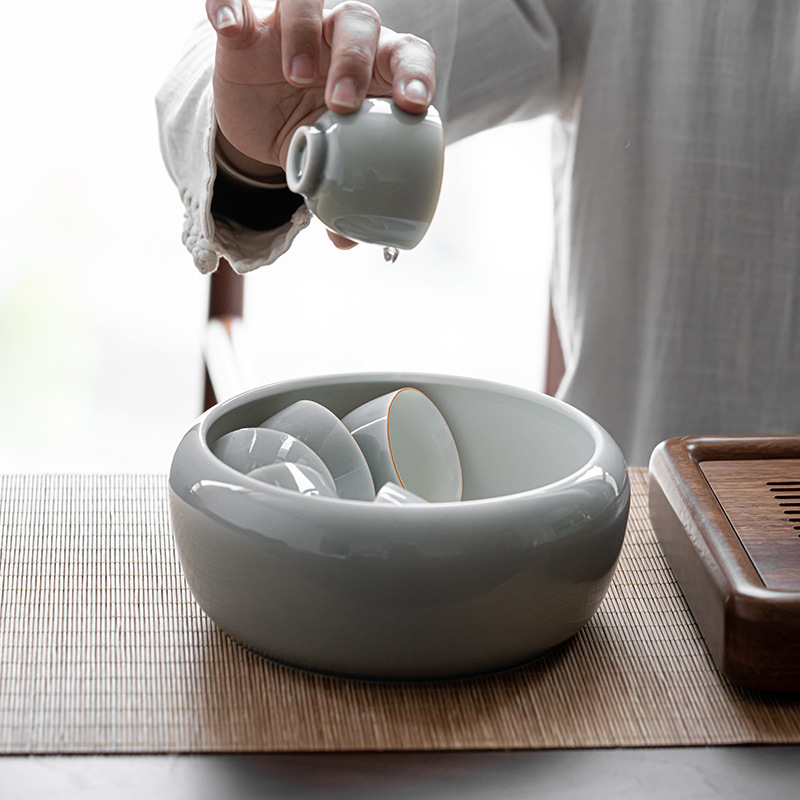 Ice Gray Smoky Gray Glaze Tea Wash Large Size Ceramic Tea Wash Cup Wash Tea Residue Barrel Tea Basin Writing-Brush Washer Cylinder Kung Fu Tea Utensils