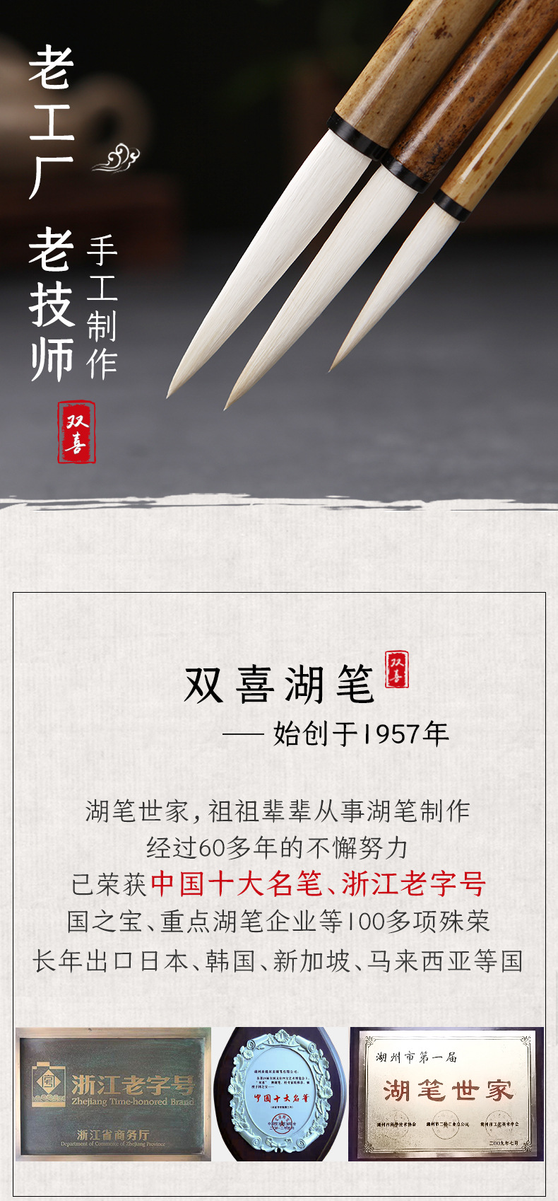 Shuangxi Brand Shanlian Huzhou Writing Brush Cursive Script Seal Script Changfeng Writing Brush Antique Su Chun Changfeng Sheep Hair Large, Medium and Small Regular Script