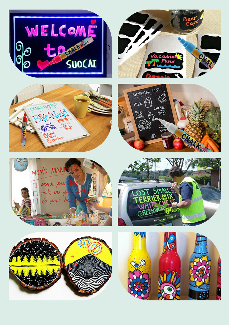 Customized Bounce Ball DIY Graffiti Erasable Pen Water-Based Dust-Free Blackboard Liquid Chalk White LED Light Board Fluorescent Pen