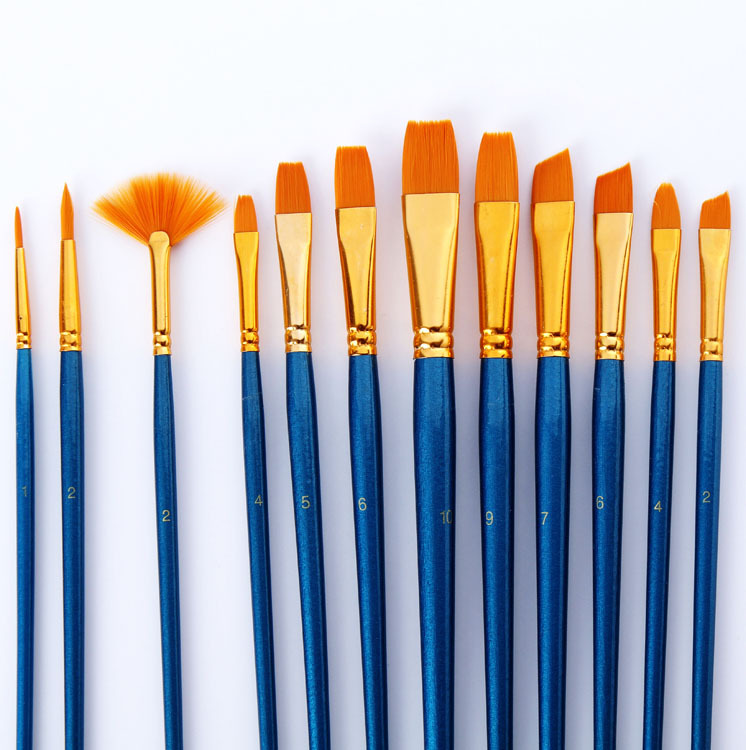 Amazon Hot Sale 12 Pieces Blue Rod Nylon Writing Brush Set Watercolor Brush Wood Dry Brush Art Painting Supplies
