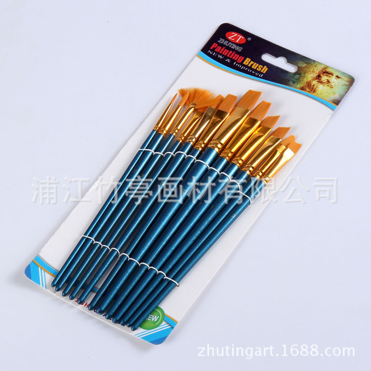 Amazon Hot Sale 12 Pieces Blue Rod Nylon Writing Brush Set Watercolor Brush Wood Dry Brush Art Painting Supplies