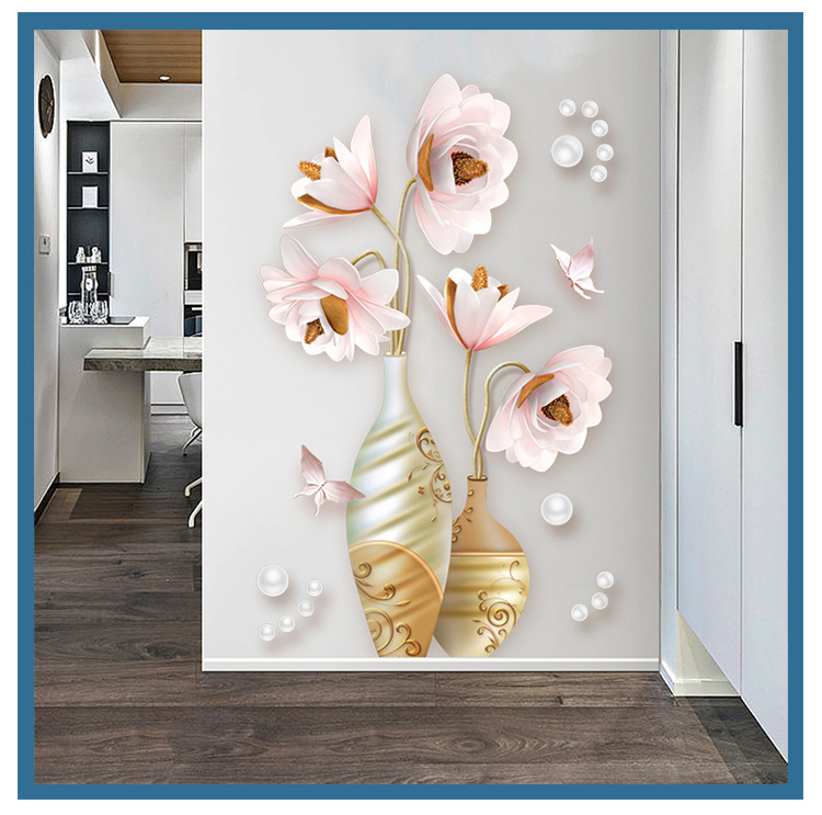Plane Wall Sticker Vase Wall Decoration Chinese Style Self-Adhesive Wall Stickers Hallway Bedroom Room Background Cross-Border New Arrival