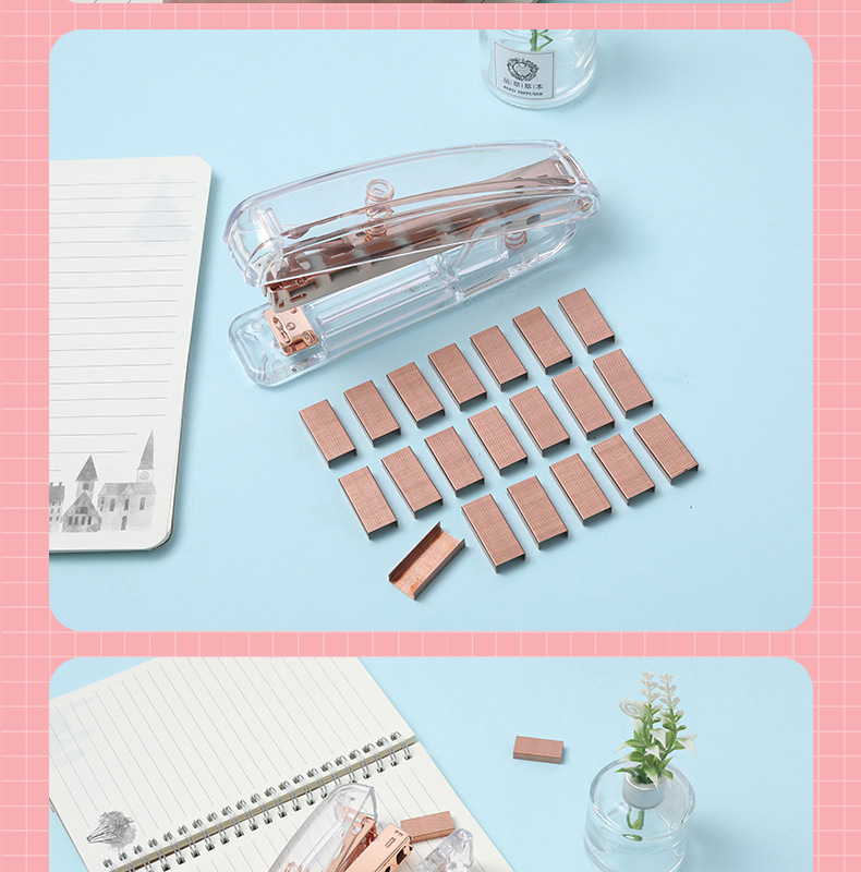 INS Nordic Rose Gold Stapler Student Fashion Transparent Stapler High-End Affordable Luxury Office Supplies Bookbinding Machine