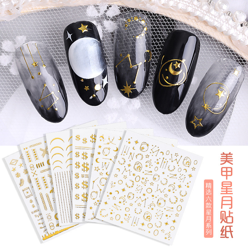 Internet Hot Japanese Star Moon Nail Art Sticker Decoration Nail Sticker Adhesive Backing Stickers Colorful Golden 3D Nail Sticker