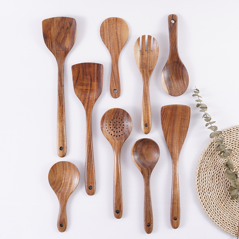 Wooden Turner Nonstick Special Spatula Teak LongHandled Spoon Wooden Colander Wood Small Meal Spoon Strainer Spoon