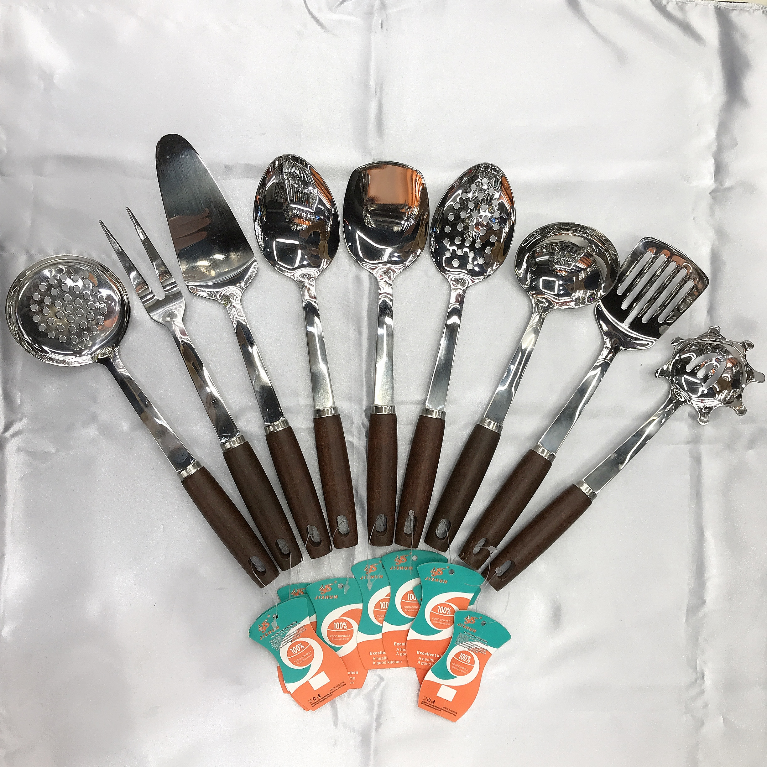 Factory Direct Sales Non-Magnetic Stainless Steel Kitchenware New Wooden Handle Small Soup Spoon Colander Long Tongue Spoon Kitchen Tools