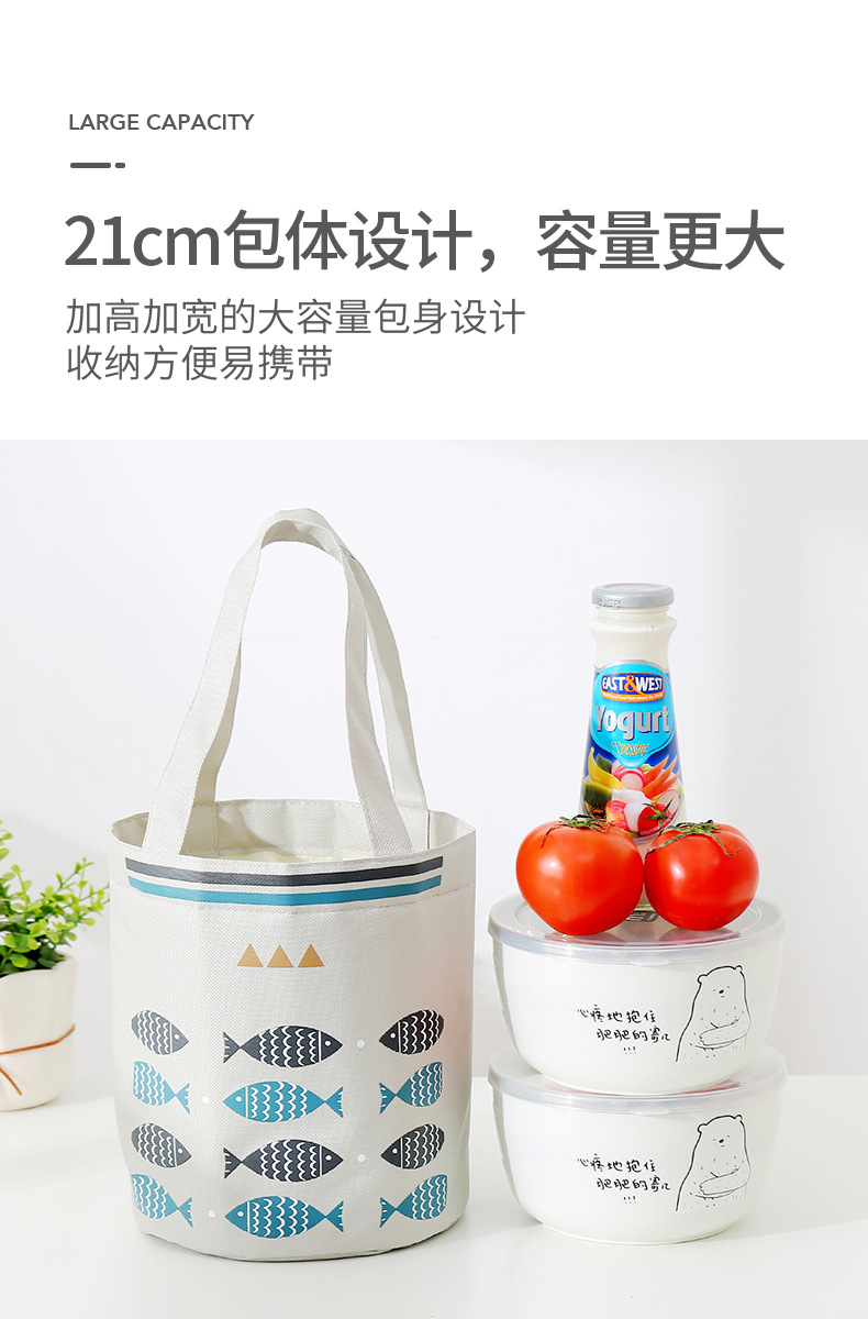 Liancheng New Portable Drawstring Lunch Bag Large Capacity Fresh-Keeping Insulated Lunch Box Bag round Barrel Aluminum Foil Thickening Insulated Bag