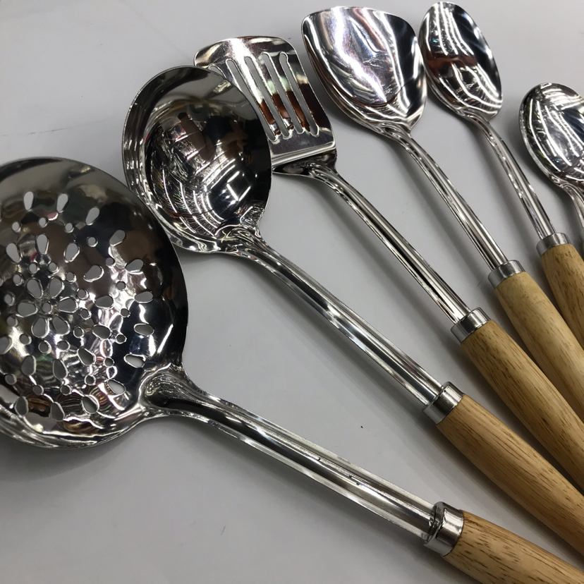 Stainless Steel Kitchenware 1.2cm Solid Wood round Handle Porridge Colander Spatula Flat Shovel Long Tongue Drain Spoon Short Rice Spoon Customizable