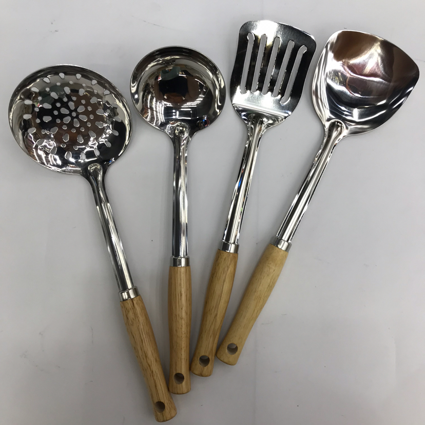 Stainless Steel Kitchenware 1.2cm Solid Wood round Handle Porridge Colander Spatula Flat Shovel Long Tongue Drain Spoon Short Rice Spoon Customizable