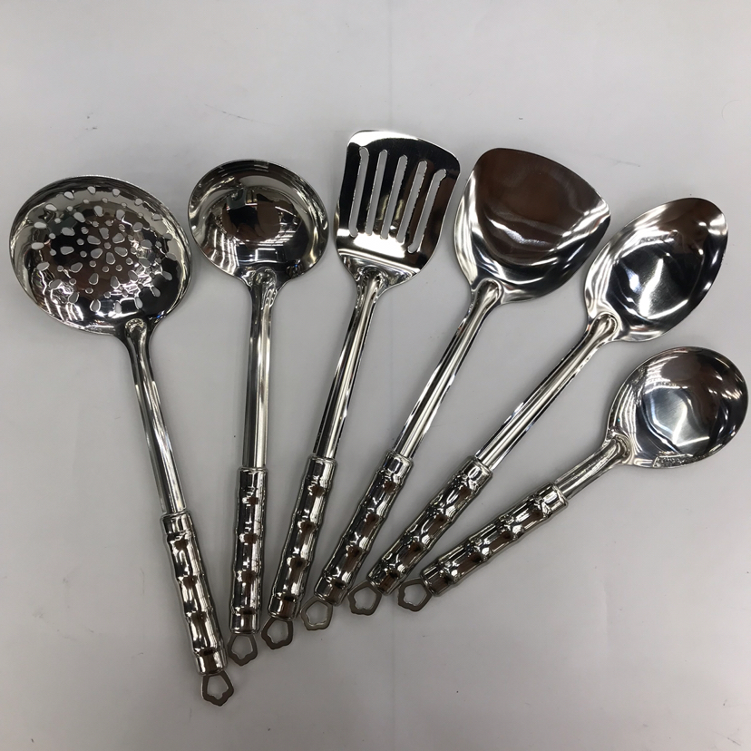 Stainless Steel Kitchenware 1.2 Small Bamboo Steel Handle Porridge Colander Spatula Flat Shovel Long Tongue Drain Spoon Short Rice Spoon Can Be Customized
