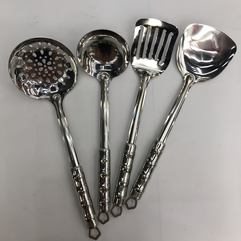 Stainless Steel Kitchenware 1.2 Small Bamboo Steel Handle Porridge Colander Spatula Flat Shovel Long Tongue Drain Spoon Short Rice Spoon Can Be Customized