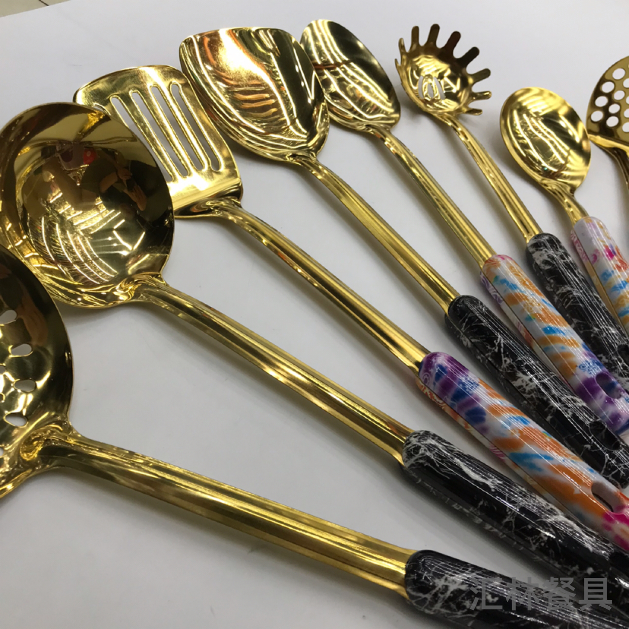 Stainless Steel Kitchenware 1.5cm Titanium-Plated Marble Handle Porridge Colander Spatula Flat Shovel Long Tongue Spoon Short Rice Spoon