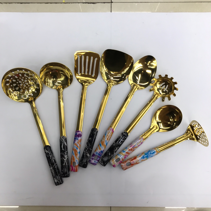 Stainless Steel Kitchenware 1.5cm Titanium-Plated Marble Handle Porridge Colander Spatula Flat Shovel Long Tongue Spoon Short Rice Spoon