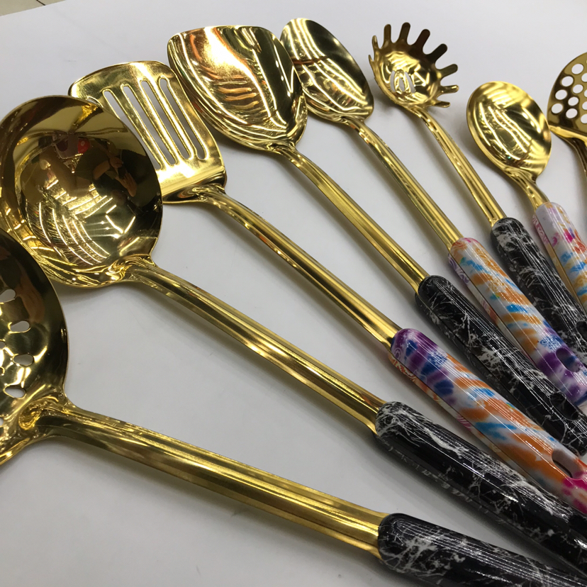 Stainless Steel Kitchenware 1.5cm Titanium-Plated Marble Handle Porridge Colander Spatula Flat Shovel Long Tongue Spoon Short Rice Spoon