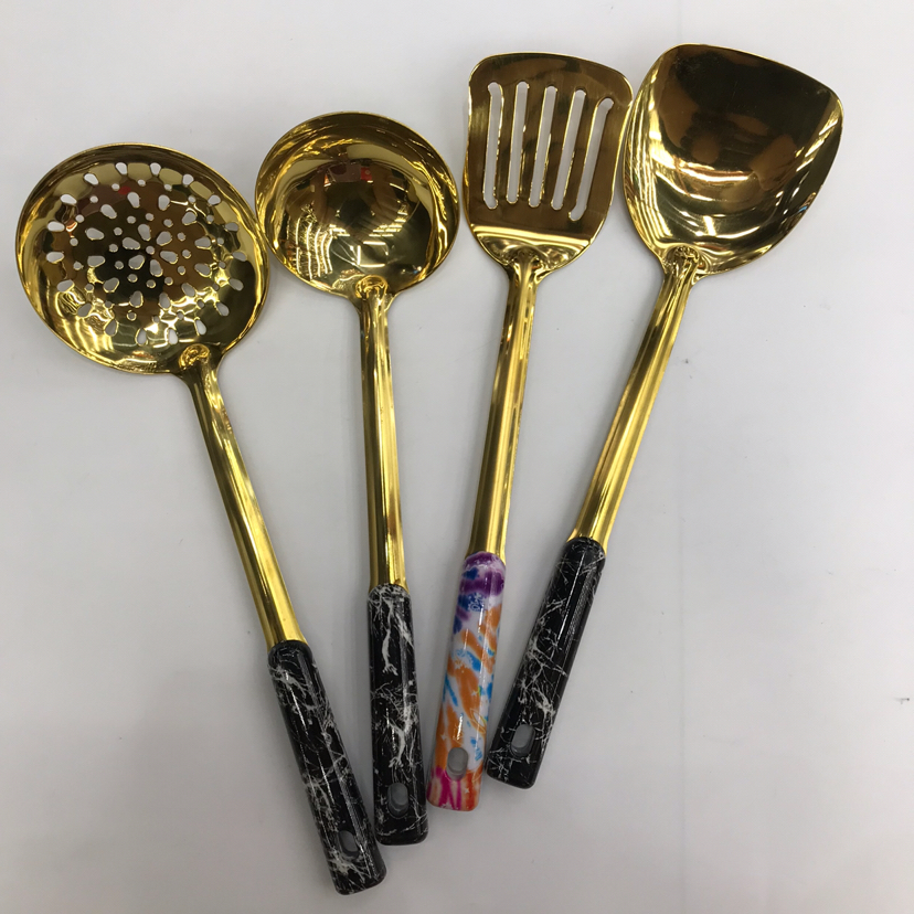Stainless Steel Kitchenware 1.5cm Titanium-Plated Marble Handle Porridge Colander Spatula Flat Shovel Long Tongue Spoon Short Rice Spoon
