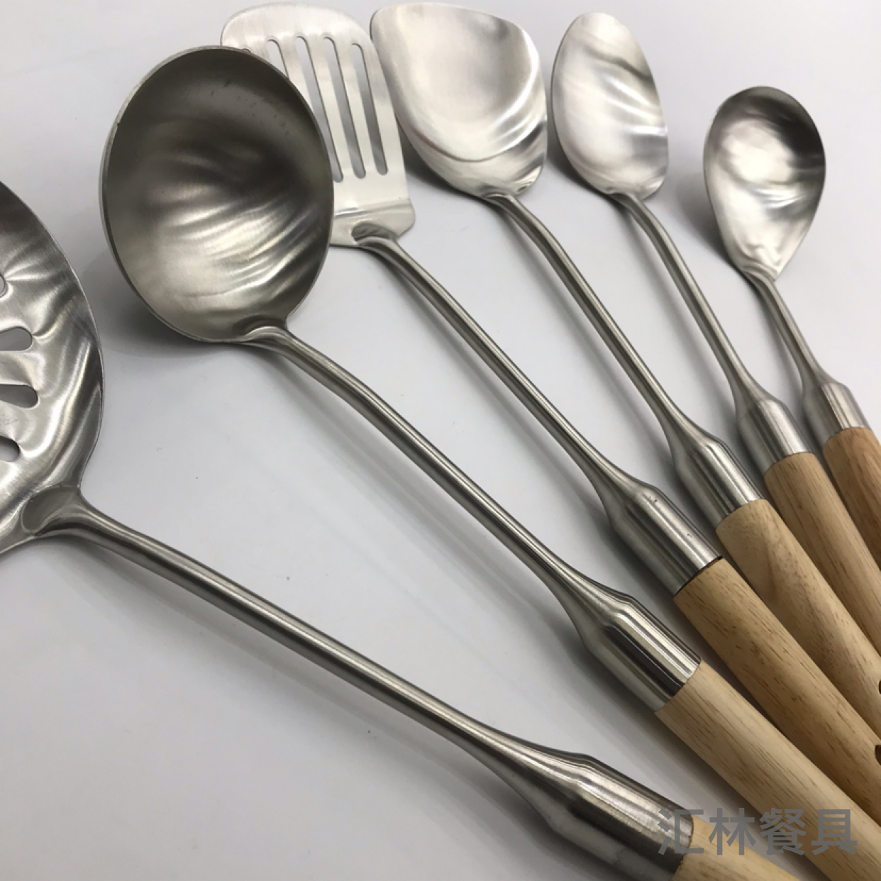 201 Stainless Steel Kitchenware Double Stand Wooden Handle Porridge Colander Spatula Long Tongue Chopsticks Short Rice Spoon Customizable Logo