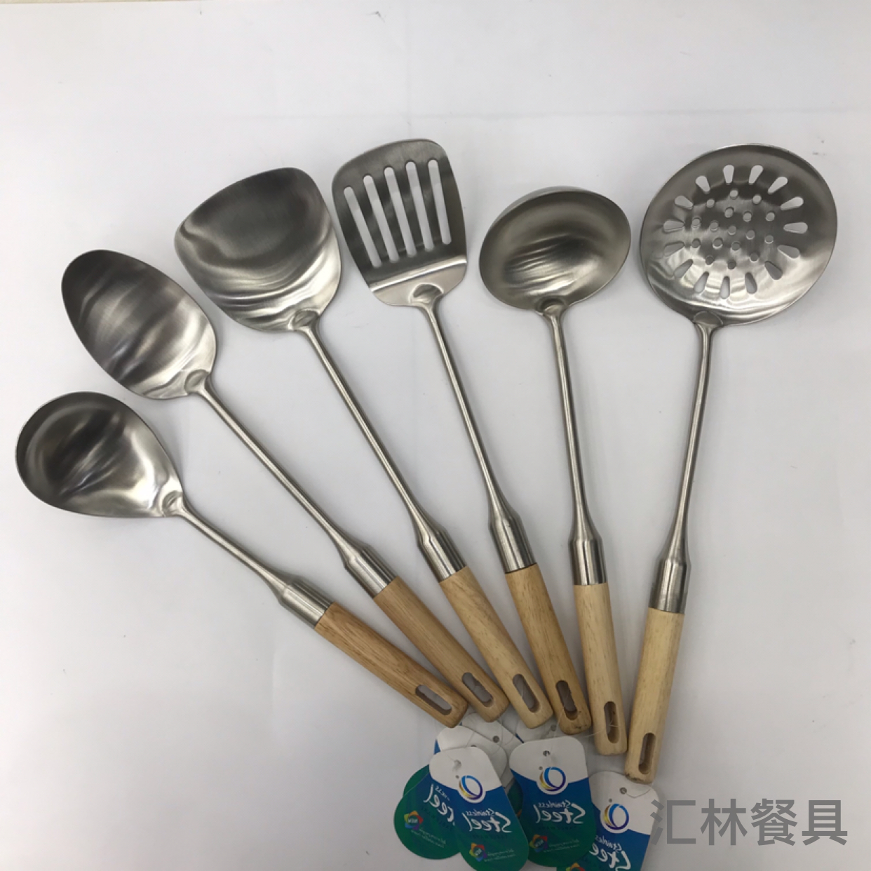201 Stainless Steel Kitchenware Double Stand Wooden Handle Porridge Colander Spatula Long Tongue Chopsticks Short Rice Spoon Customizable Logo