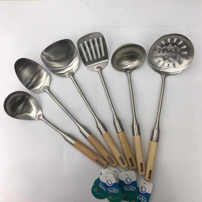 201 Stainless Steel Kitchenware Double Stand Wooden Handle Porridge Colander Spatula Long Tongue Chopsticks Short Rice Spoon Customizable Logo