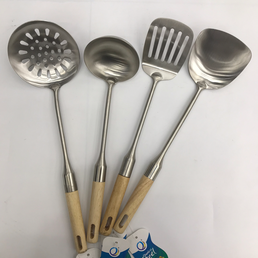 201 Stainless Steel Kitchenware Double Stand Wooden Handle Porridge Colander Spatula Long Tongue Chopsticks Short Rice Spoon Customizable Logo