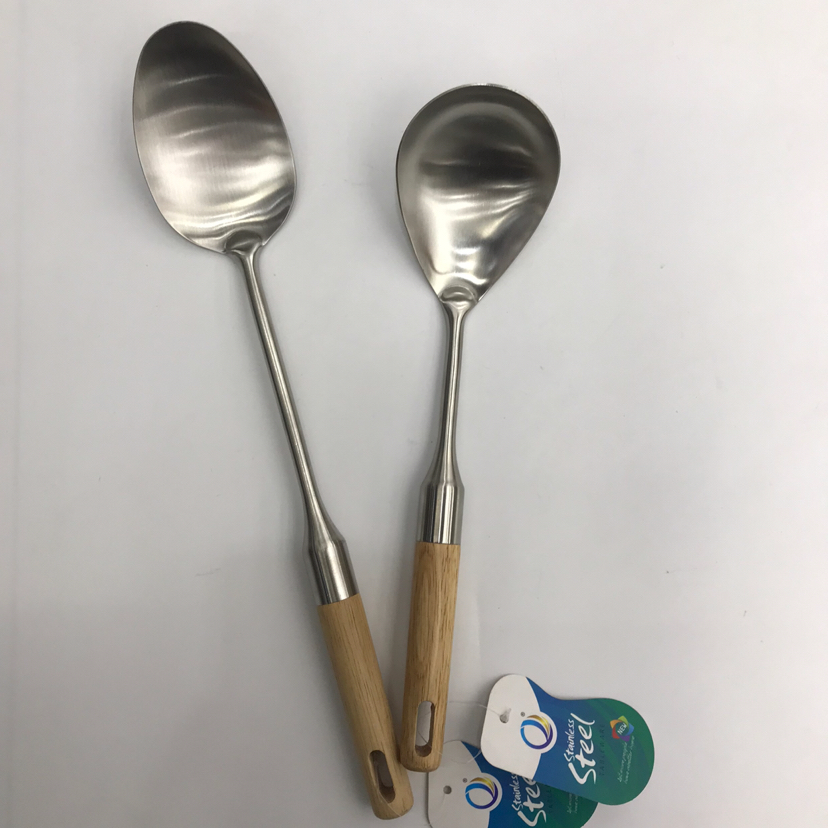 201 Stainless Steel Kitchenware Double Stand Wooden Handle Porridge Colander Spatula Long Tongue Chopsticks Short Rice Spoon Customizable Logo