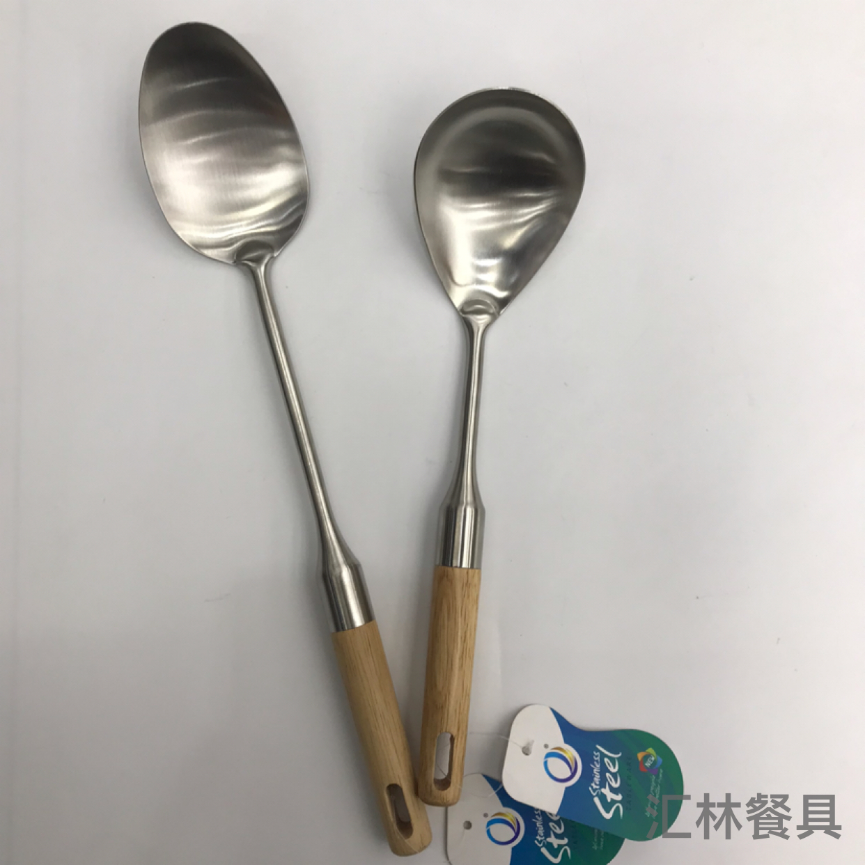 201 Stainless Steel Kitchenware Double Stand Wooden Handle Porridge Colander Spatula Long Tongue Chopsticks Short Rice Spoon Customizable Logo