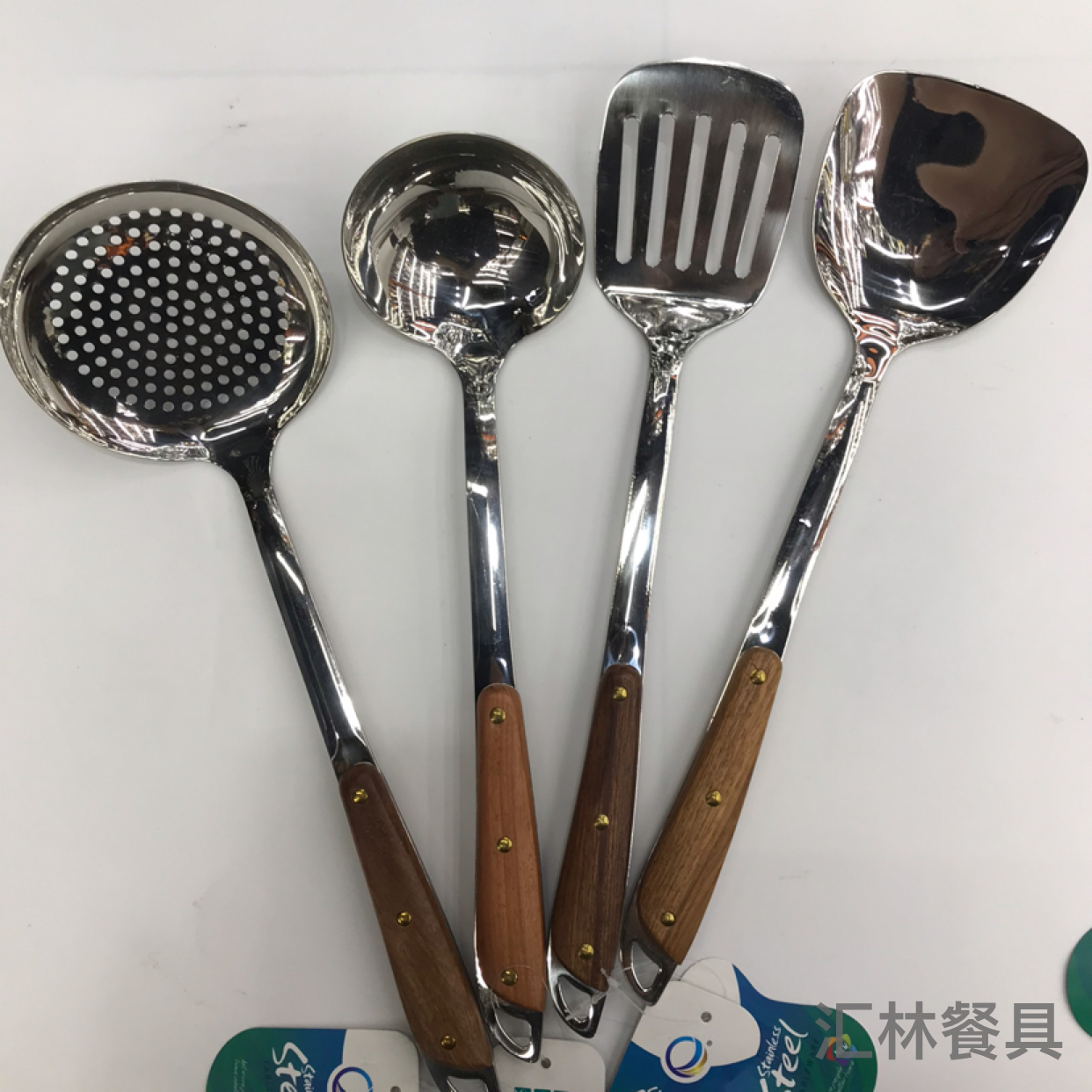 201 Stainless Steel Kitchenware Three-Nail Oblique Wooden Handle Porridge Colander Spatula Long Tongue Drain Short Rice Spoon Customizable Logo