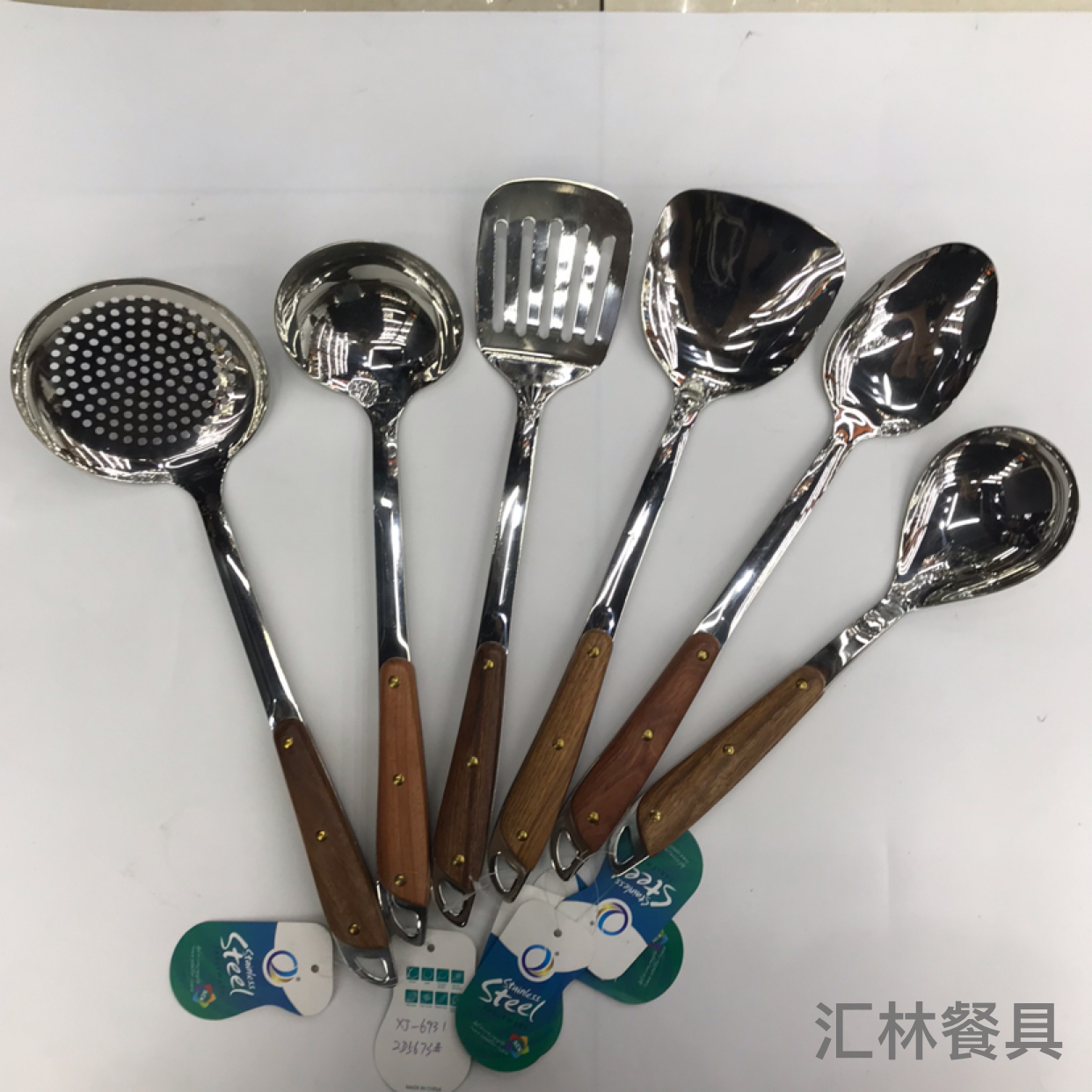 201 Stainless Steel Kitchenware Three-Nail Oblique Wooden Handle Porridge Colander Spatula Long Tongue Drain Short Rice Spoon Customizable Logo