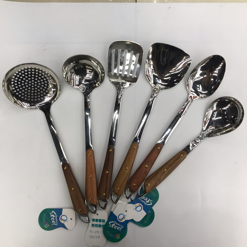 201 Stainless Steel Kitchenware Three-Nail Oblique Wooden Handle Porridge Colander Spatula Long Tongue Drain Short Rice Spoon Customizable Logo