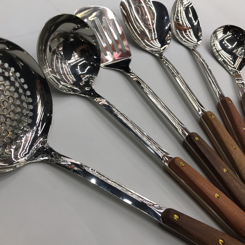 201 Stainless Steel Kitchenware Three-Nail Oblique Wooden Handle Porridge Colander Spatula Long Tongue Drain Short Rice Spoon Customizable Logo