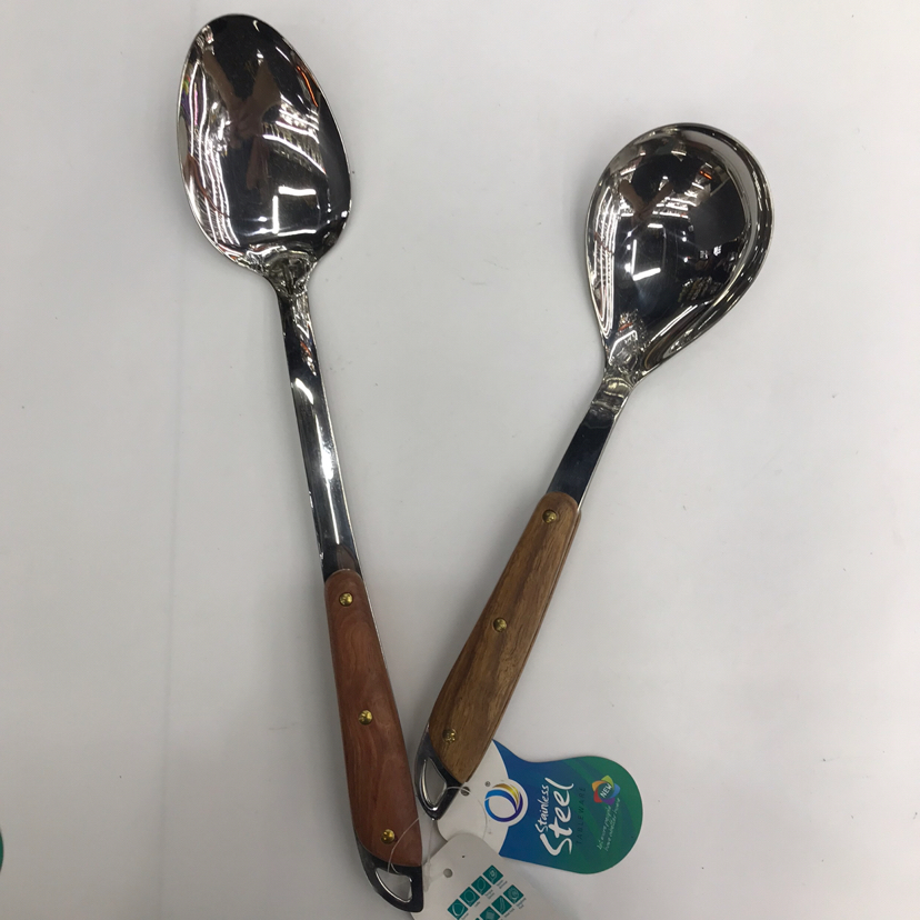 201 Stainless Steel Kitchenware Three-Nail Oblique Wooden Handle Porridge Colander Spatula Long Tongue Drain Short Rice Spoon Customizable Logo
