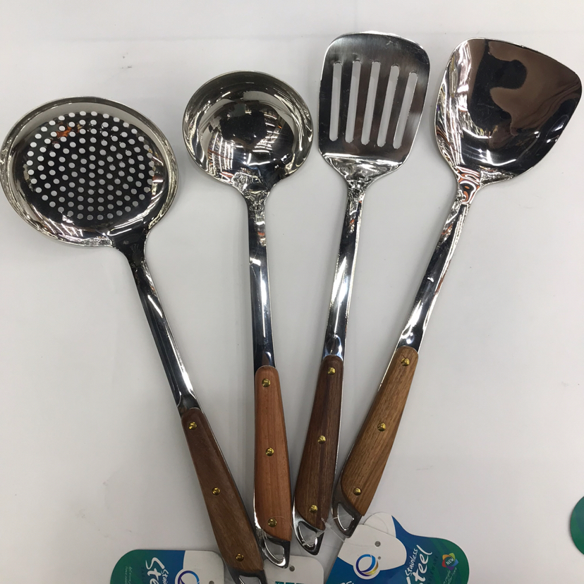 201 Stainless Steel Kitchenware Three-Nail Oblique Wooden Handle Porridge Colander Spatula Long Tongue Drain Short Rice Spoon Customizable Logo