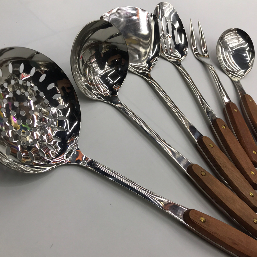 201 Stainless Steel Kitchenware Two-Nail Tip Wooden Handle Porridge Colander Spatula Long Tongue Drain Short Rice Spoon Customizable Logo