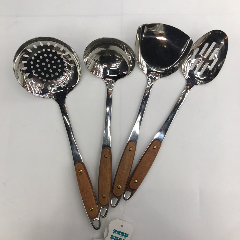 201 Stainless Steel Kitchenware Two-Nail Tip Wooden Handle Porridge Colander Spatula Long Tongue Drain Short Rice Spoon Customizable Logo