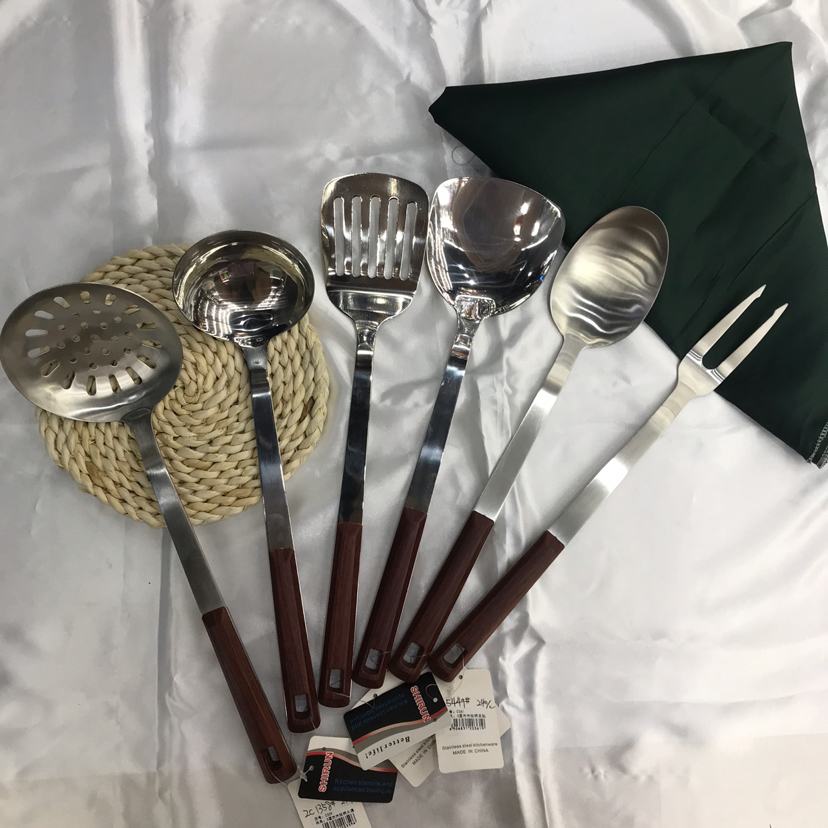 Stainless Steel Kitchenware 3cm Square Wood Grain Handle Porridge Colander Spatula Flat Shovel Long Tongue Spoon Hotel Dedicated for Customization
