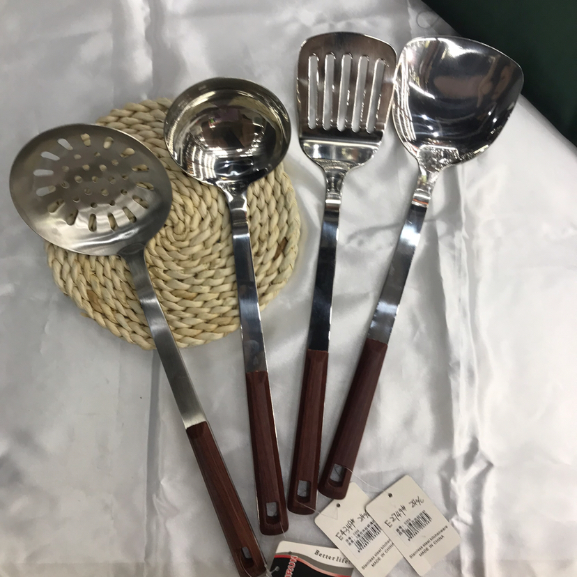 Stainless Steel Kitchenware 3cm Square Wood Grain Handle Porridge Colander Spatula Flat Shovel Long Tongue Spoon Hotel Dedicated for Customization
