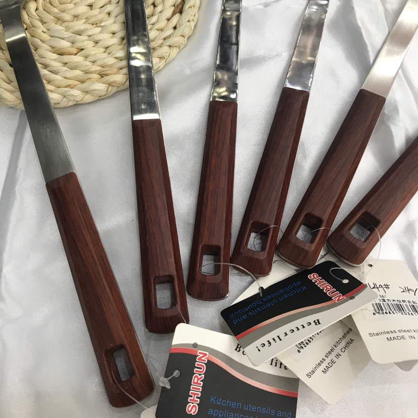 Stainless Steel Kitchenware 3cm Square Wood Grain Handle Porridge Colander Spatula Flat Shovel Long Tongue Spoon Hotel Dedicated for Customization