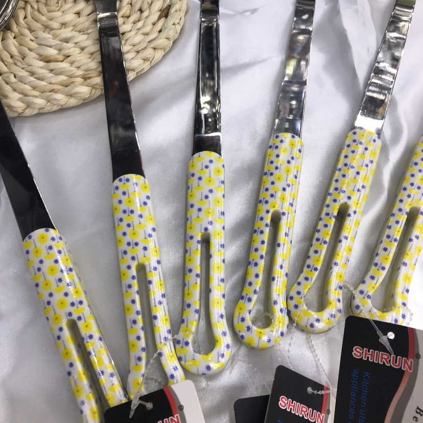 Stainless Steel Kitchenware 3cm Kitchen Colorful Elegant Flower Handle Porridge Colander Spatula Flat Shovel Long Tongue Spoon Hotel Exclusive
