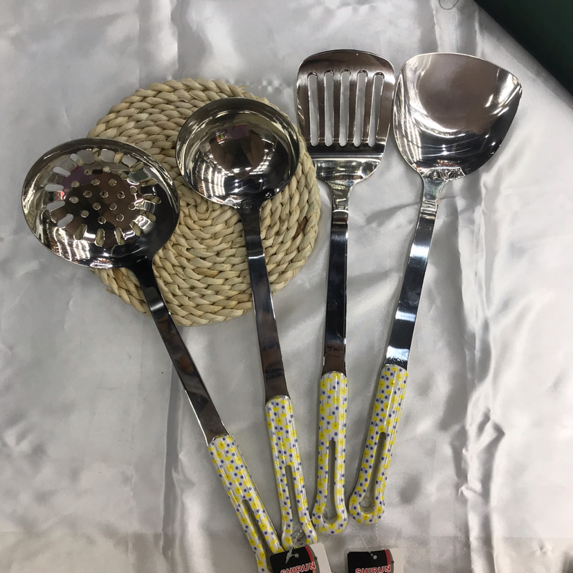 Stainless Steel Kitchenware 3cm Kitchen Colorful Elegant Flower Handle Porridge Colander Spatula Flat Shovel Long Tongue Spoon Hotel Exclusive
