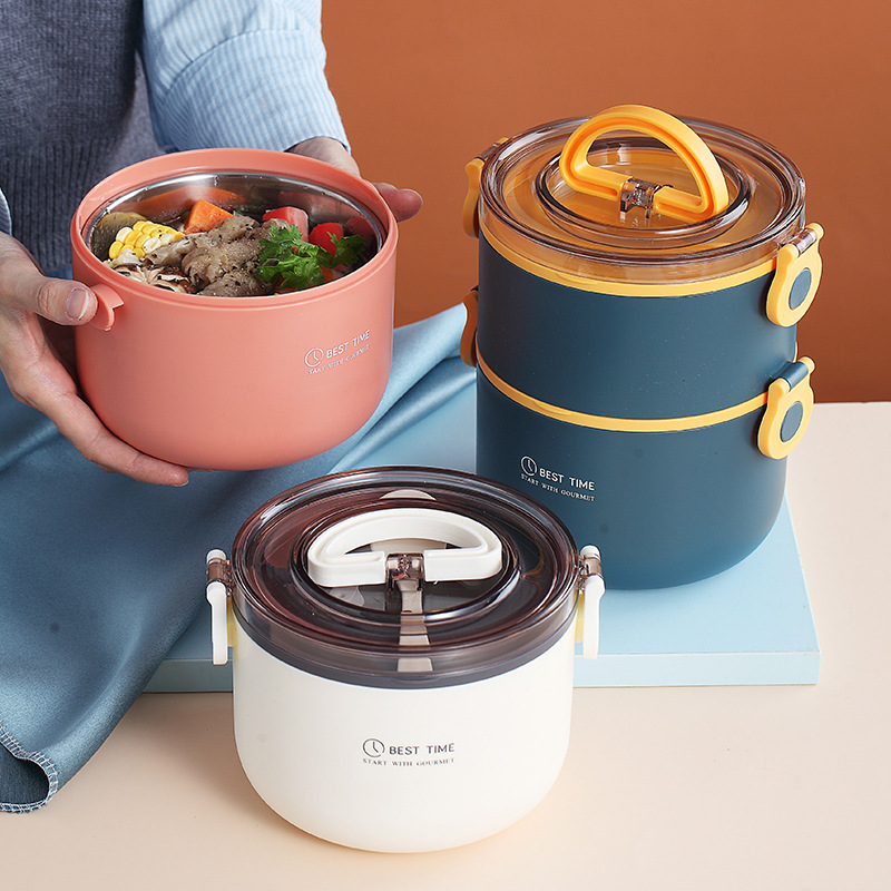 Double-Layer round Lunch Box Office Worker Portable with Cover Microwave Oven Heated Bento Box Sealed Fresh-Keeping Student Bento Box