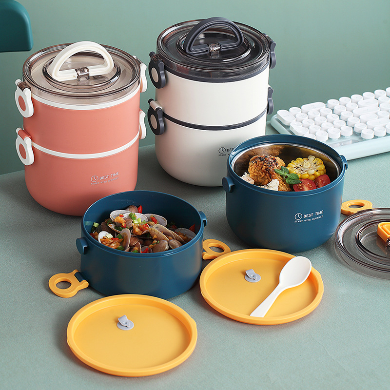 Double-Layer round Lunch Box Office Worker Portable with Cover Microwave Oven Heated Bento Box Sealed Fresh-Keeping Student Bento Box