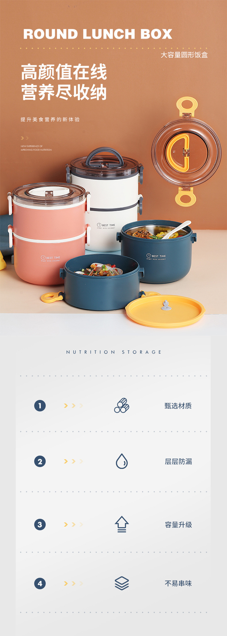 Double-Layer round Lunch Box Office Worker Portable with Cover Microwave Oven Heated Bento Box Sealed Fresh-Keeping Student Bento Box