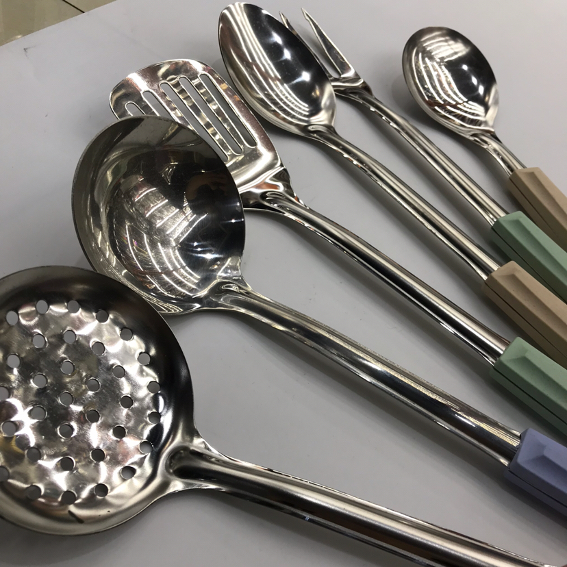 Stainless Steel Kitchenware Diamond Candy-Colored Handle Anti-Scald Porridge Colander Spatula Flat Shovel Long Tongue Spoon Custom Logo Stainless Steel Kitchenware Diamond Candy-Colored Handle Anti-Scald Porridge Colander Spatula Flat Shovel Long Tongue Spoon Custom Logo