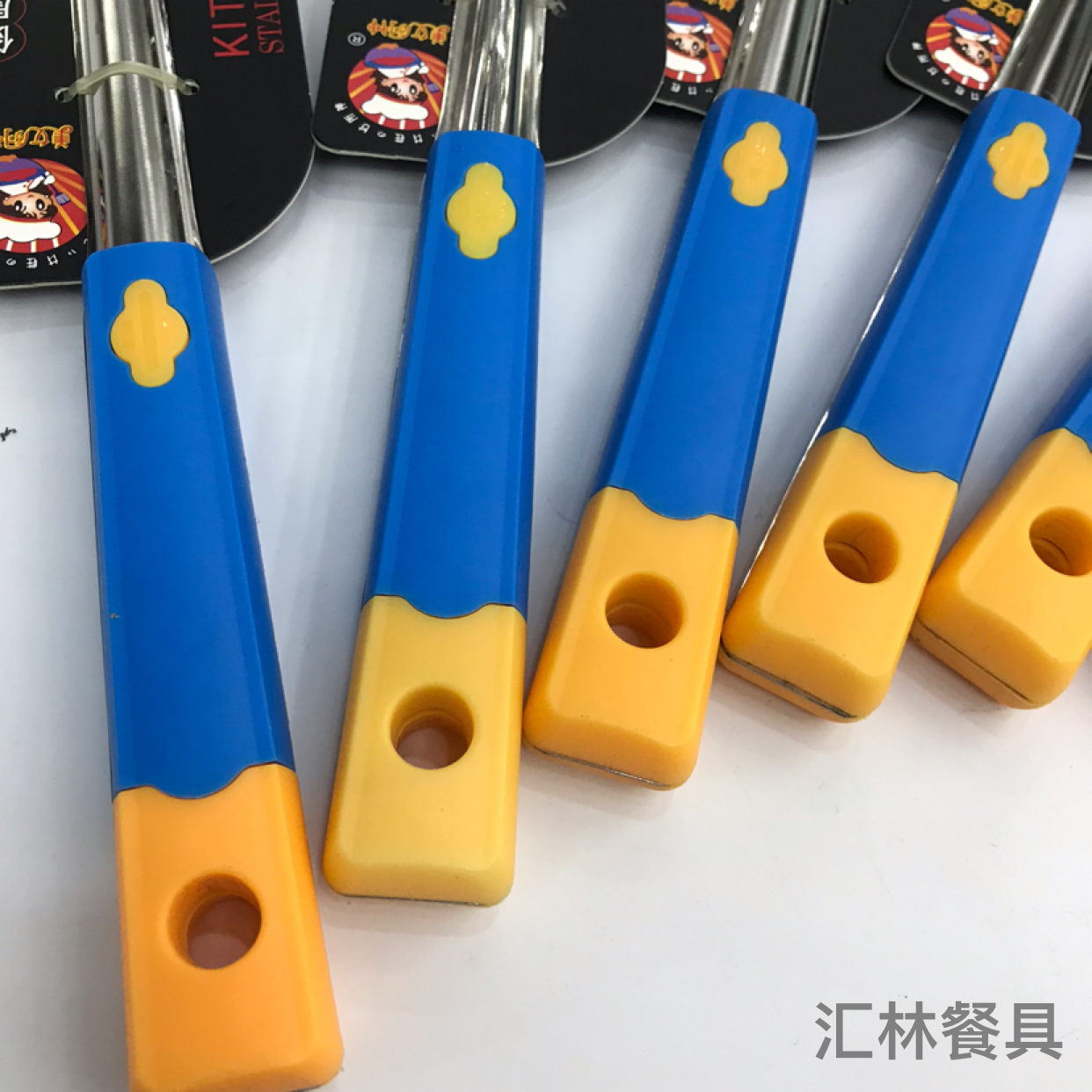 Stainless Steel Kitchenware Small Yellow Anti-Scald Handle Porridge Colander Spatula Flat Shovel Long Tongue Spoon Customizable Logo