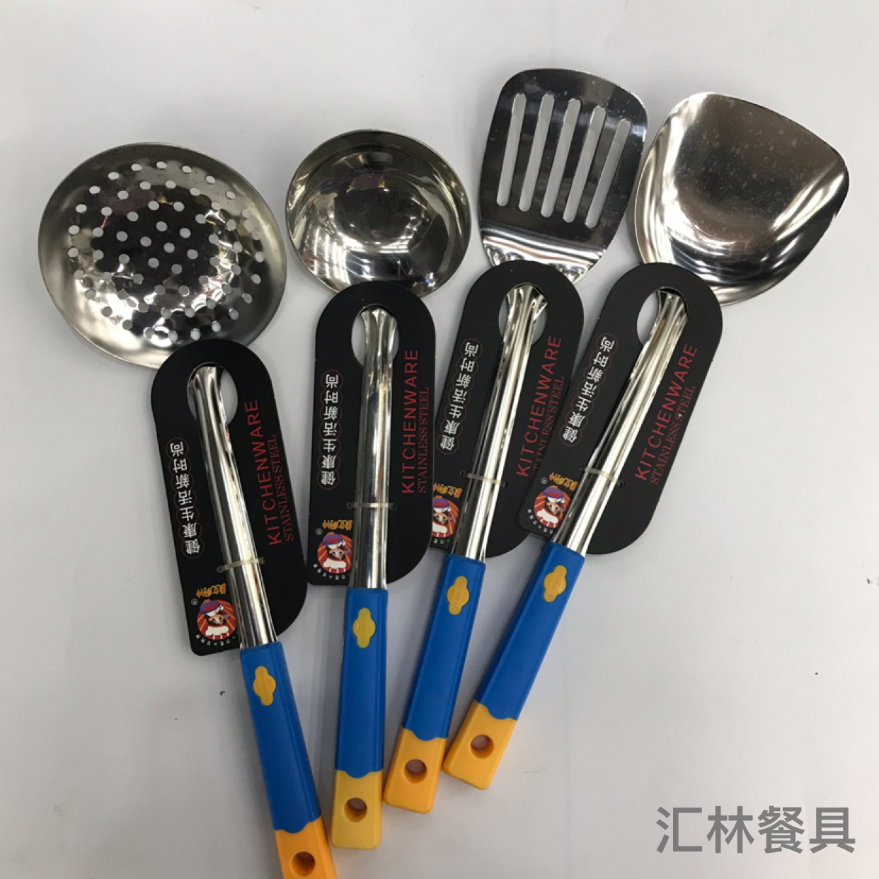 Stainless Steel Kitchenware Small Yellow Anti-Scald Handle Porridge Colander Spatula Flat Shovel Long Tongue Spoon Customizable Logo
